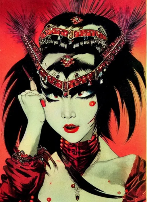 Image similar to mighty female korean vampiress, jeweled headdress, heavy mascara, strong line, saturated color, beautiful! coherent! by frank frazetta, high contrast, minimalism