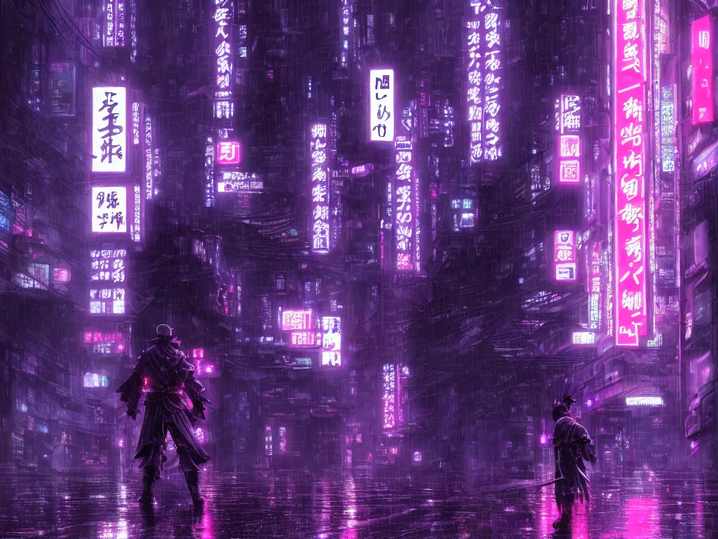 Image similar to high detailed lone samurai in a cyberpunk rainy city at night by Kentaro Miura, purple and pink and blue neons, unreal engine, high quality, 4K, UHD, trending on ArtStation, wires, blade runner vibes, ghost in the shell, akira, dorohedoro