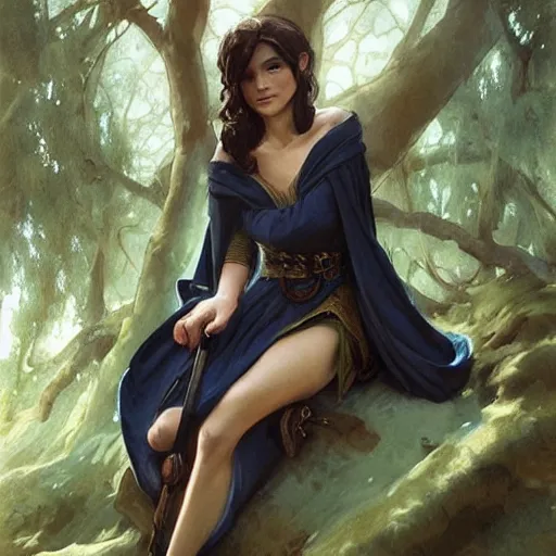 Image similar to d & d portrait of an elf resting on a tree, short black hair, regal sky blue robes, sharp focus, intricate, smooth, ultra realistic digital art, high fantasy, pointed ears, elegant, by artgerm, greg rutkowski, alphonse mucha