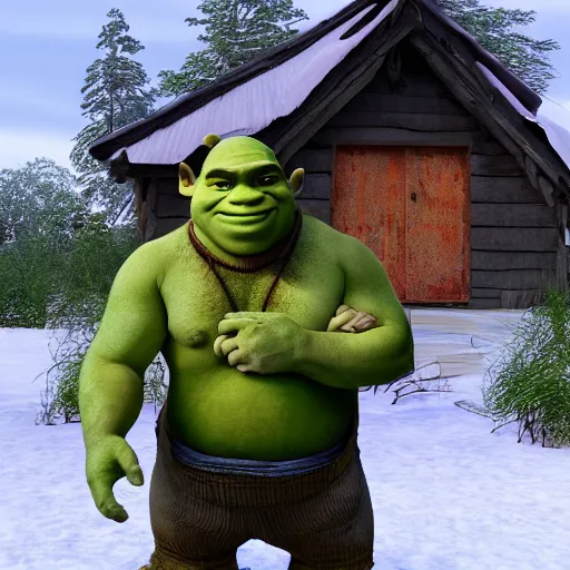 Image similar to Joe Rogan as shrek in front of hut in the swamp, cinematic lighting, masterpiece, trending on artstation, 4k