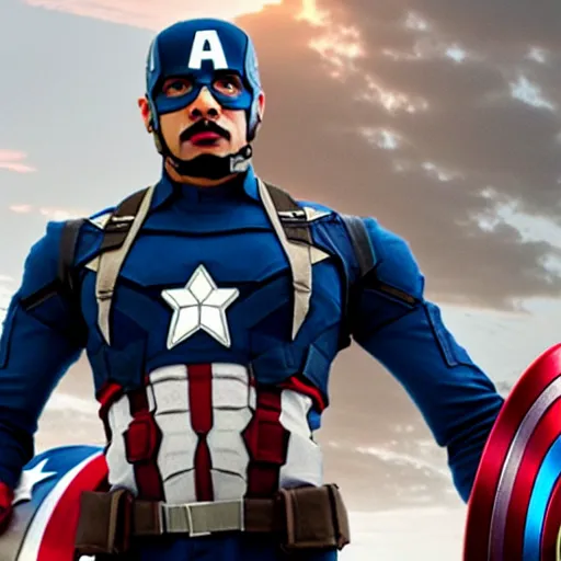 Prompt: film still of Steve Harvey as Captain America in new Avengers film