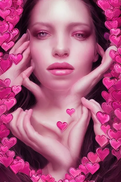 Image similar to a beautiful portrait of a beautiful woman surrounded by pink hearts and love, matte painting, fantasy art