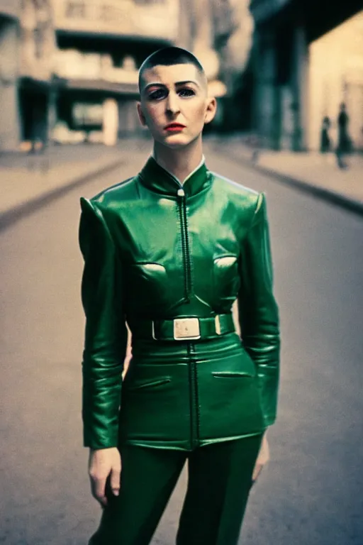 Prompt: ektachrome, 3 5 mm, highly detailed : incredibly realistic, demure, perfect features, buzz cut, beautiful three point perspective extreme closeup 3 / 4 portrait photo in style of chiaroscuro style 1 9 7 0 s frontiers in flight suit cosplay paris seinen manga street photography vogue italia fashion edition