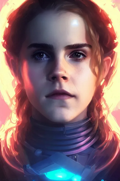 Image similar to portrait of cyborg Emma Watson as Hermione Granger in cyberpunk, neon lighting, night city, digital art from artstation by Ruan Jia and Mandy Jurgens and Artgerm and william-adolphe bouguereau and Greg Rutkowski and Wayne Barlowe