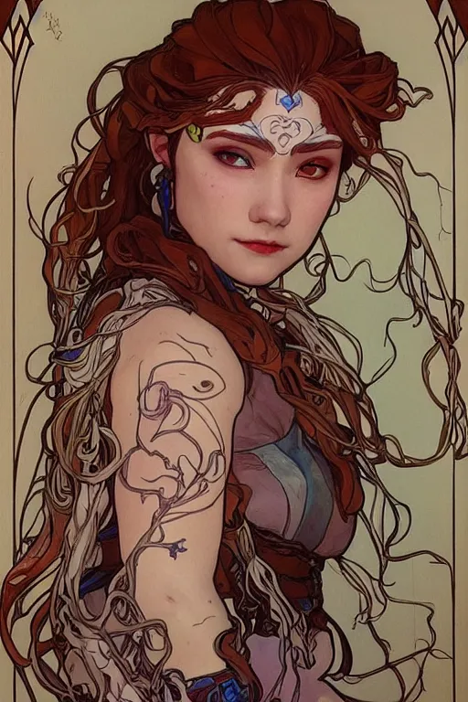 Prompt: beautiful art - nouveau portrait painting of aloy!!!, aloy!!!, artstation, horizon zero dawn!!!, art by mucha, detailed, fine line work, face paint