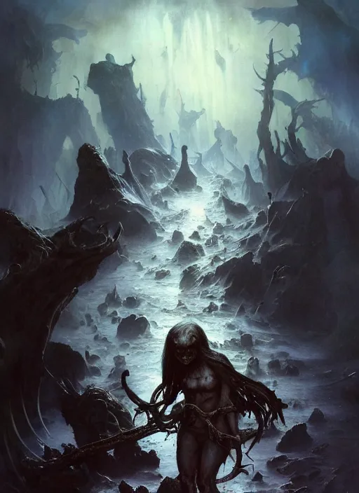 Image similar to shackled in styx river of the underworld, frank frank frazetta and cgsociety, stunning sasquatch, blood splatters, charlie bowater and tom bagshaw, insanely detailed, deviantart, space art, atoms surrounded by skulls, death, and spirits flying, water fall, horror, sci - fi, surrealist painting, by peter mohrbacher