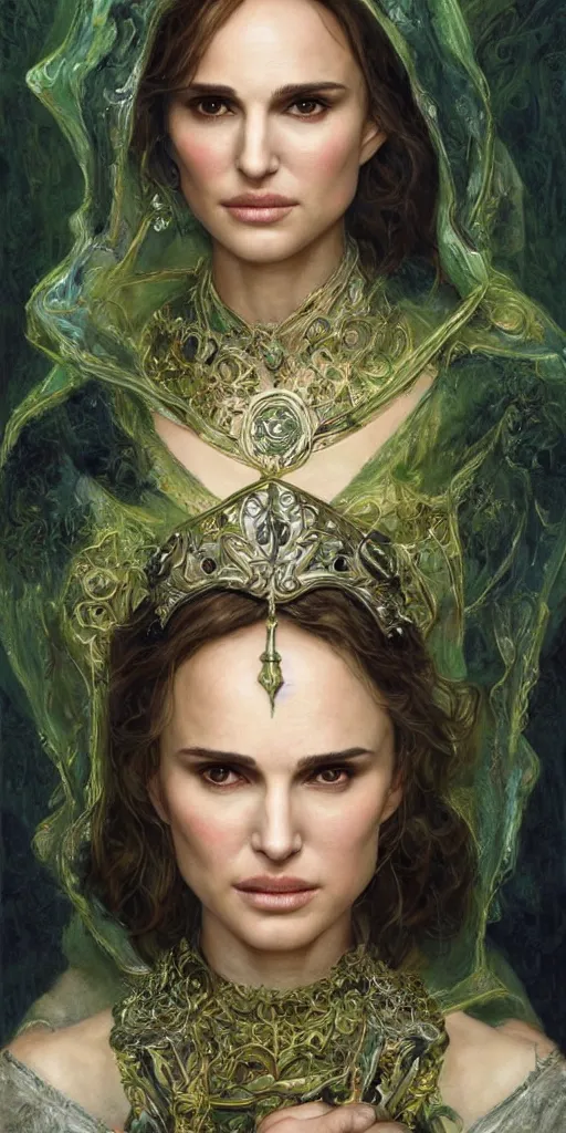 Image similar to epic masterpiece portrait of priestess played by natalie portman, followed by head with many souls, beautiful face and flawless skin, perfect hands, emeralds by Edgar Maxence and Ross Tran and Michael Whelan
