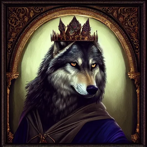 Prompt: “an oil painting portrait of a wolf wearing medieval royal robe and an ornate crown on a dark background” digital Art, concept Art, highly detailed, 3-D 4K, trending on art station, Award winning, Mark Brooks,