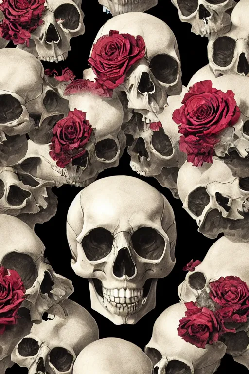 Prompt: skull bust explosion, concept art, technology vs nature, a bullet explodes the skull in a hundred roccoco roses, photorealistic by michael komarck, greg rutkowski, victo ngai, artgerm, willem claesz heda and j. dickenson