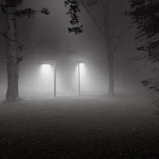 Prompt: a spooky haunted playground from the 1930's, back lit at night, volumetric lighting, mist, fog