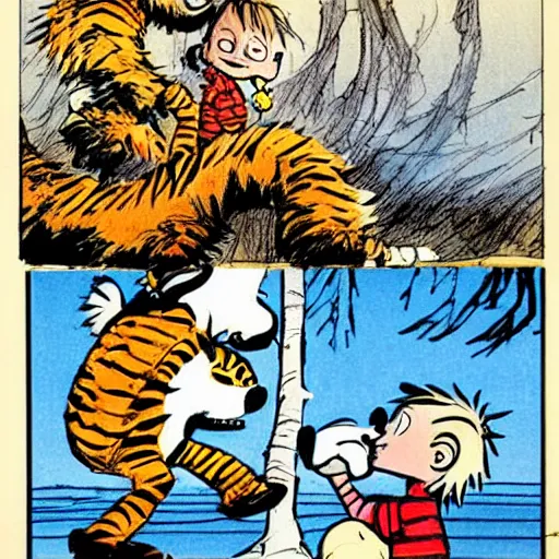 Image similar to calvin and hobbes, drawn by jim lee,