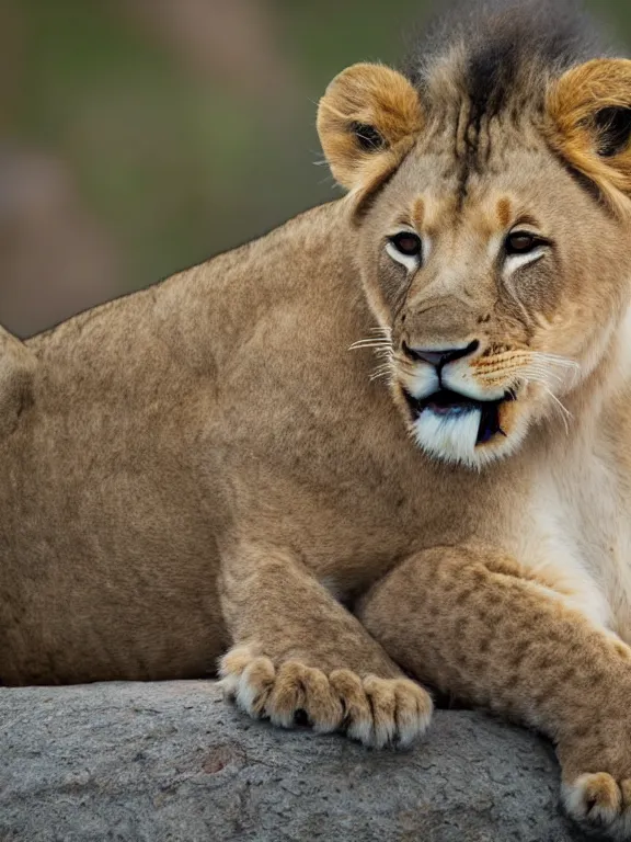 Prompt: 4K HD, high detail photograph, shot with Sigma f/ 4.2 , 250 mm sharp lens, shallow depth of field : (subject= baby lion eating a duck + subject detail= accurate body features, consistent, high detailed light refraction , high level texture render)