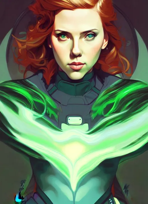 Image similar to style artgerm, joshua middleton, illustration, scarlett johansson as artificer wearing green pelt light armor, anime eyes, blue hair, swirling water cosmos, fantasy, dnd, cinematic lighting