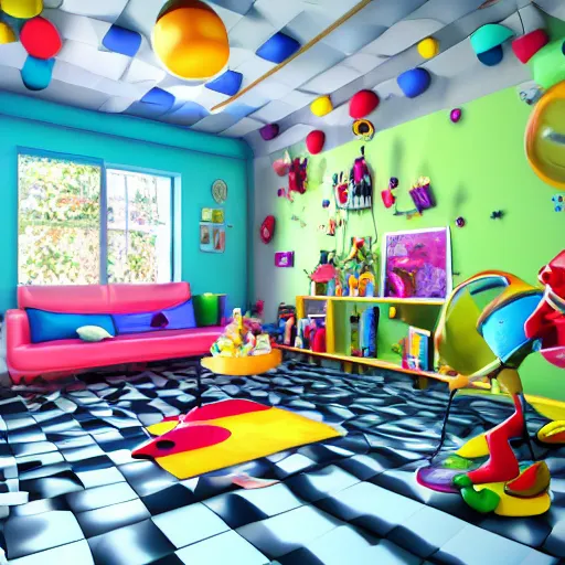 Image similar to beautiful katamari crazy interior of a house, lots of items toys all over the floor and walls, cartoon pixar style, volumetric lighting, bright refined highly detailed background, 3d model pixar render