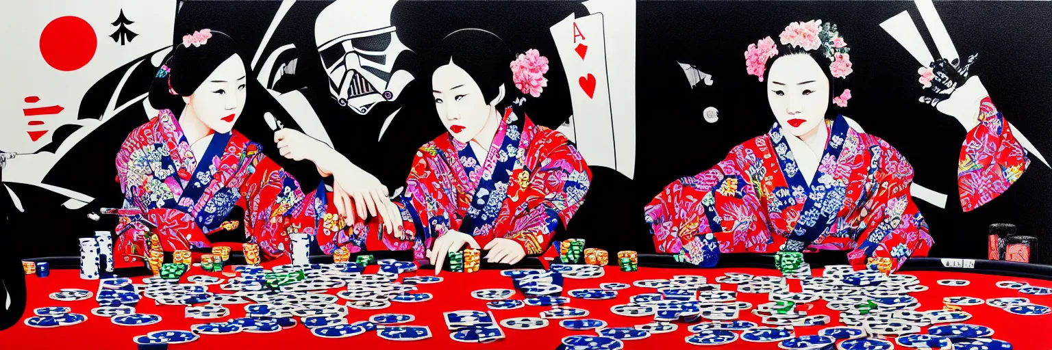 Prompt: hyperrealism composition of the detailed woman in a japanese kimono sitting at an extremely detailed poker table with darth vader and stormtrooper, fireworks on the background, pop - art style, jacky tsai style, andy warhol style, acrylic on canvas