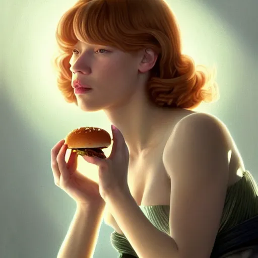 Prompt: portrait of lea seydoux eating hamburgers, extra onions and ketchup, luscious patty with sesame seeds, feminine ethereal, handsome, d & d, fantasy, intricate, elegant, highly detailed, digital painting, artstation, concept art, matte, sharp focus, illustration, art by artgerm and greg rutkowski and alphonse mucha