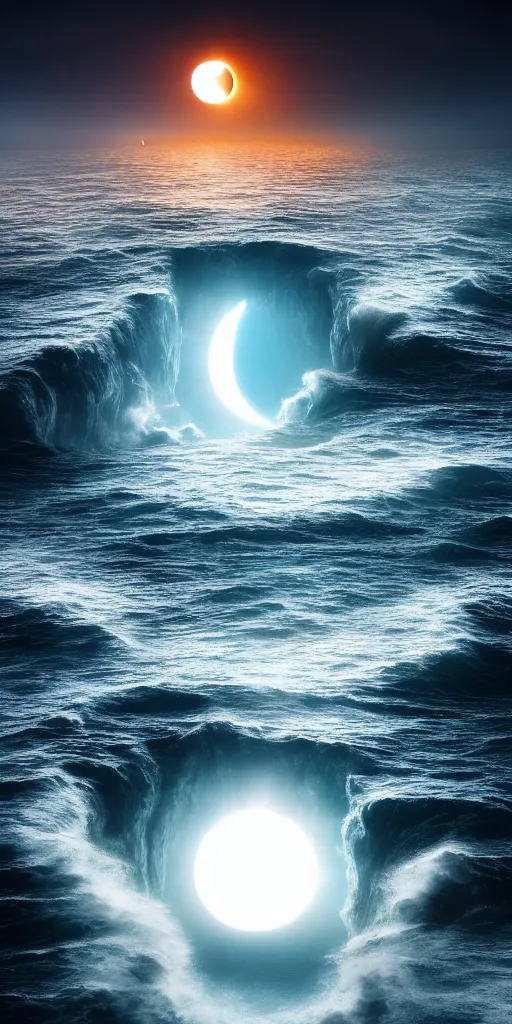 Prompt: the ocean, ocean splitting in two halves in the foreground, wall of water either side, biblical, moses, during lunar eclipse, by stephen king, storm of all storms, end of the world, nature, cinematic, hyperrealistic, evil, dark, cgsociety, 8 k