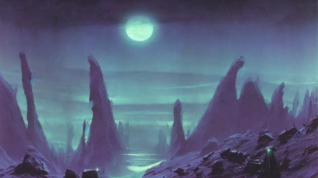 Prompt: eerie atmospheric alien planet by paul lehr and jack gaughan and john schoenherr, epic cinematic matte painting
