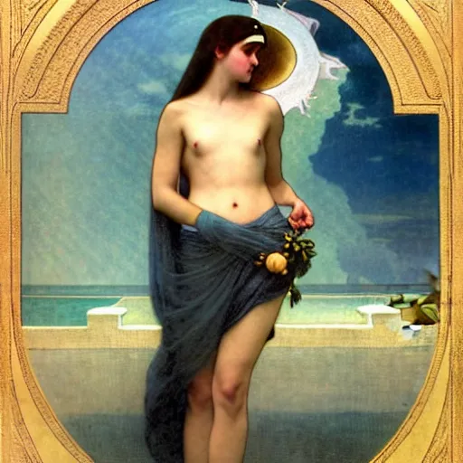 Image similar to Moon girl at the palace, thunderstorm, greek pool, beach and palm trees on the background major arcana sky, by paul delaroche, alphonse mucha and arnold böcklin arnold böcklin hyperrealistic 8k, very detailed