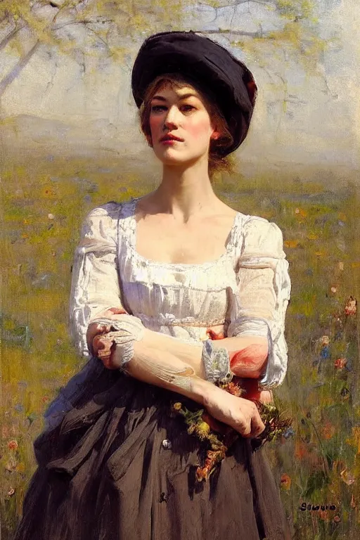 Image similar to Yvonne Strahovski by Solomon Joseph Solomon and Richard Schmid and Jeremy Lipking victorian genre painting full length portrait painting of a young beautiful woman traditional german barmaid in traditional costume