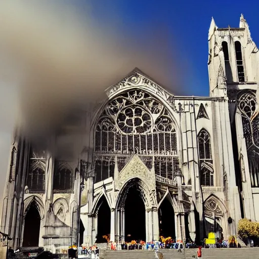 Image similar to A gigantic cathedral collapsing from an explosion