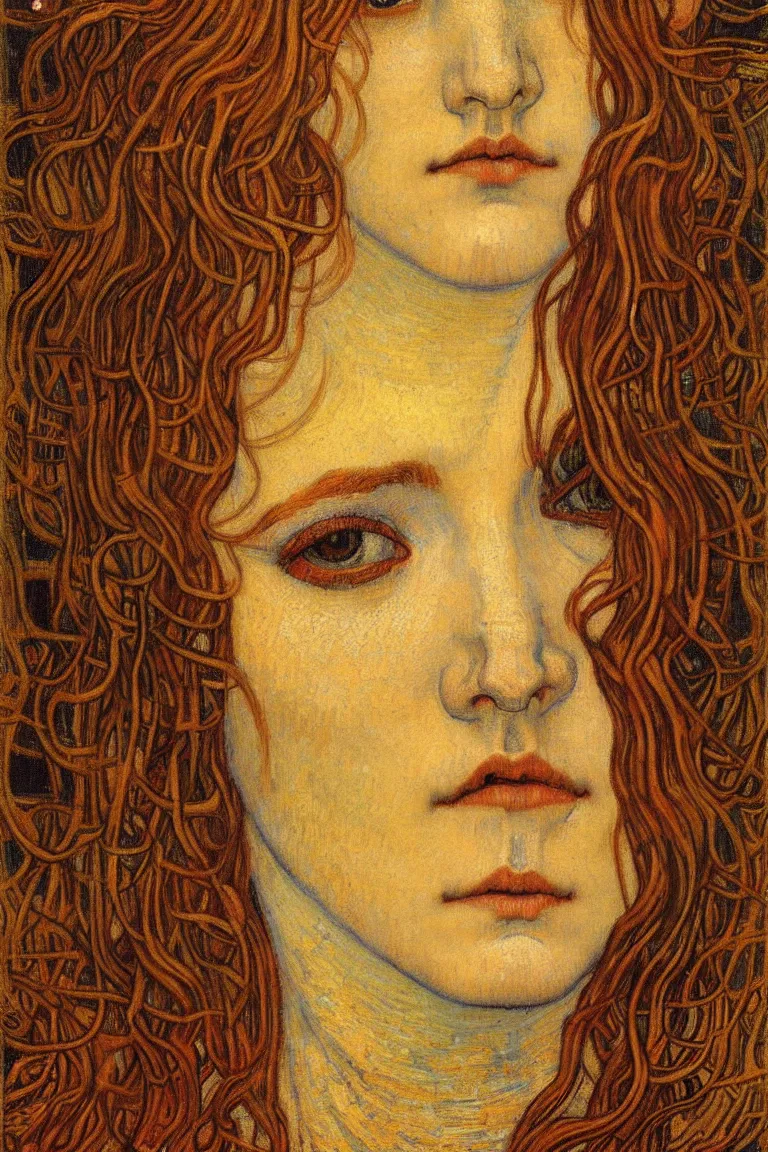 Image similar to detailed realistic beautiful young medieval queen face portrait by jean delville, gustav klimt and vincent van gogh, art nouveau, symbolist, visionary, gothic, pre - raphaelite, muted earthy colors, desaturated