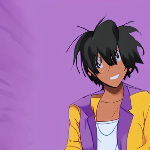 Image similar to a dark skinned anime tomboy with short purple hair