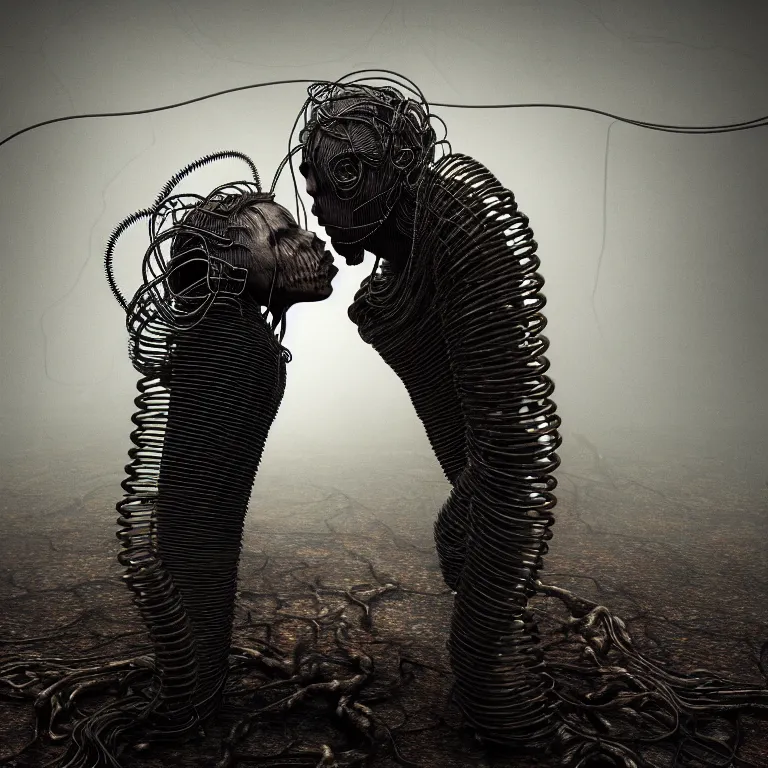 Prompt: portrait of abandoned ribbed sculpture of two kissing cyborgs, covered with wires, spines, roots, ash, mold, baroque painting, standing in a desolate empty wasteland, creepy, nightmare, dream-like heavy atmosphere, dark fog, surreal abandoned buildings, baroque painting, beautiful detailed intricate insanely detailed octane render trending on Artstation, 8K artistic photography, photorealistic, volumetric cinematic light, chiaroscuro, zoomed out, Raphael, Caravaggio, Beksinski, Giger