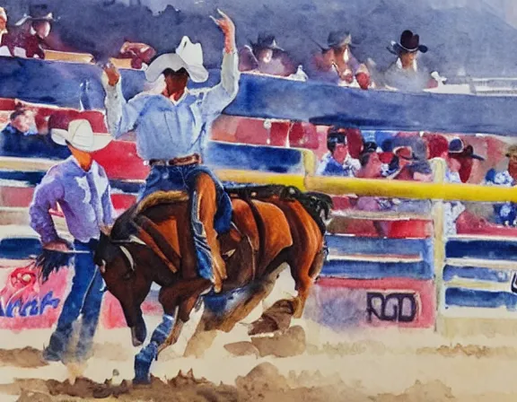 Prompt: water color painting of rodeo events