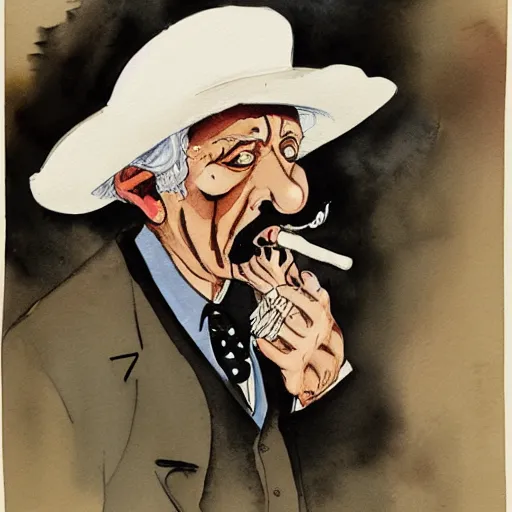 Image similar to portrait of old gray - haired smart mexican magician smoking a pipe, lots of smoke. watercolor with pancil by hugo pratt.