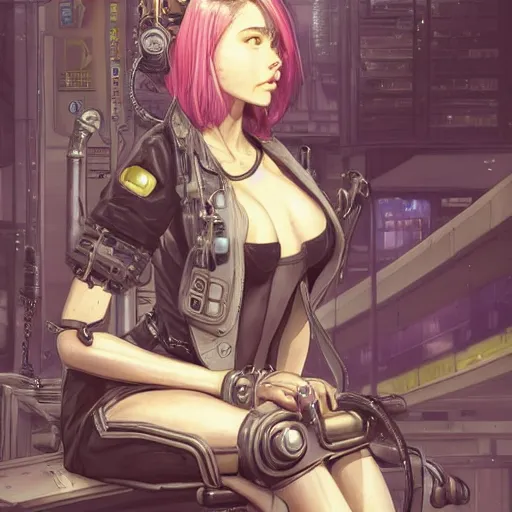 Image similar to a painting of a woman sitting on a stool, cyberpunk art by masamune shirow, pixiv contest winner, fantasy art, steampunk, enchanting, detailed painting, storybook illustration