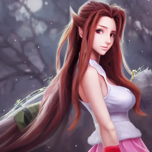 Image similar to high quality art of aerith aeris by logan cure, BangkuART, sakimichan, yan gisuka, zeronis, dan eder, nick silva, Ja Mong, 4k, artstation