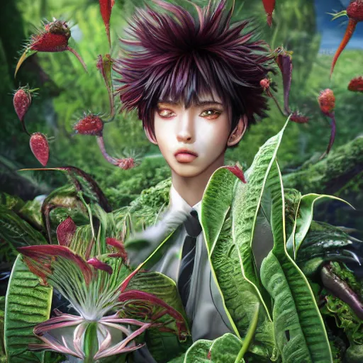 Prompt: the portrait of a beautiful, elegant, succulent venus flytrap man, hyperrealistic anime illustration by iralki nadar, reflective eyes, extremely detailed intricate linework, reflective eyes, smooth, super sharp focus, bright colors, high contrast, matte, octopath traveler, unreal engine 5 highly rendered, global illumination, radiant light, 8 k