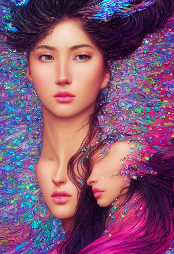 Image similar to beautiful, young woman, detailed gorgeous face, vaporwave aesthetic, synthwave, colorful, psychedelic, water droplets, feathers, crown, artstation, concept art, smooth, extremely sharp detail, finely tuned detail, ultra high definition, 8 k, unreal engine 5, ultra sharp focus, illustration, art by artgerm and greg rutkowski and alphonse mucha