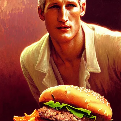 Prompt: painted portrait of ( paul newman ) biting and eating giant hamburgers, mature, handsome, fantasy, intricate, elegant, highly detailed, digital painting, artstation, concept art, sharp focus, illustration, illumination, holy ethereal light, art by gaston bussiere and alphonse mucha