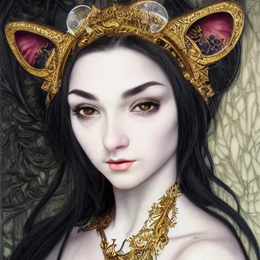 Prompt: a photograpic portrait of a anthropomorphic cat wearing black clothes, black hair, grey skin, grey mouse ears, fantasy, intricate, elegant, highly detailed, digital painting, artstation, smooth, sharp focus, illustration, art by artgerm and H R Giger and alphonse mucha
