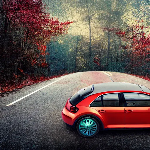 Image similar to promotional scifi - blockbuster movie scene of a ladybug volkswagen hybrid, flying down a dusty backroad in smokey mountains tennessee. the hybrid is 2 / 3 ladybug. cinematic, muted dramtic color, 4 k, imax, 7 0 mm, hdr