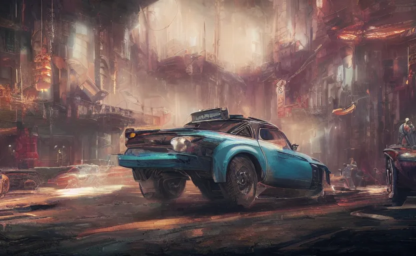 Prompt: a matte painting of a colorful car scene from the future, cyber - steampunk, highly detailed, in the style of greg rutkowski and remedios varo and john chamberlain, dark moody lighting, hyper photorealism, trending on artstation, 8 k