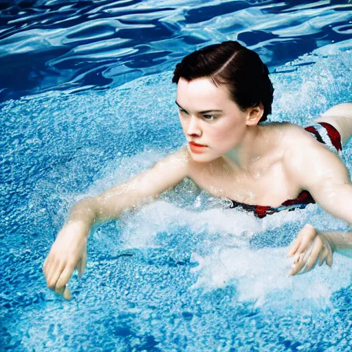 Prompt: daisy ridley swimming in a pool, photography, 3 5 mm lens, beautiful,