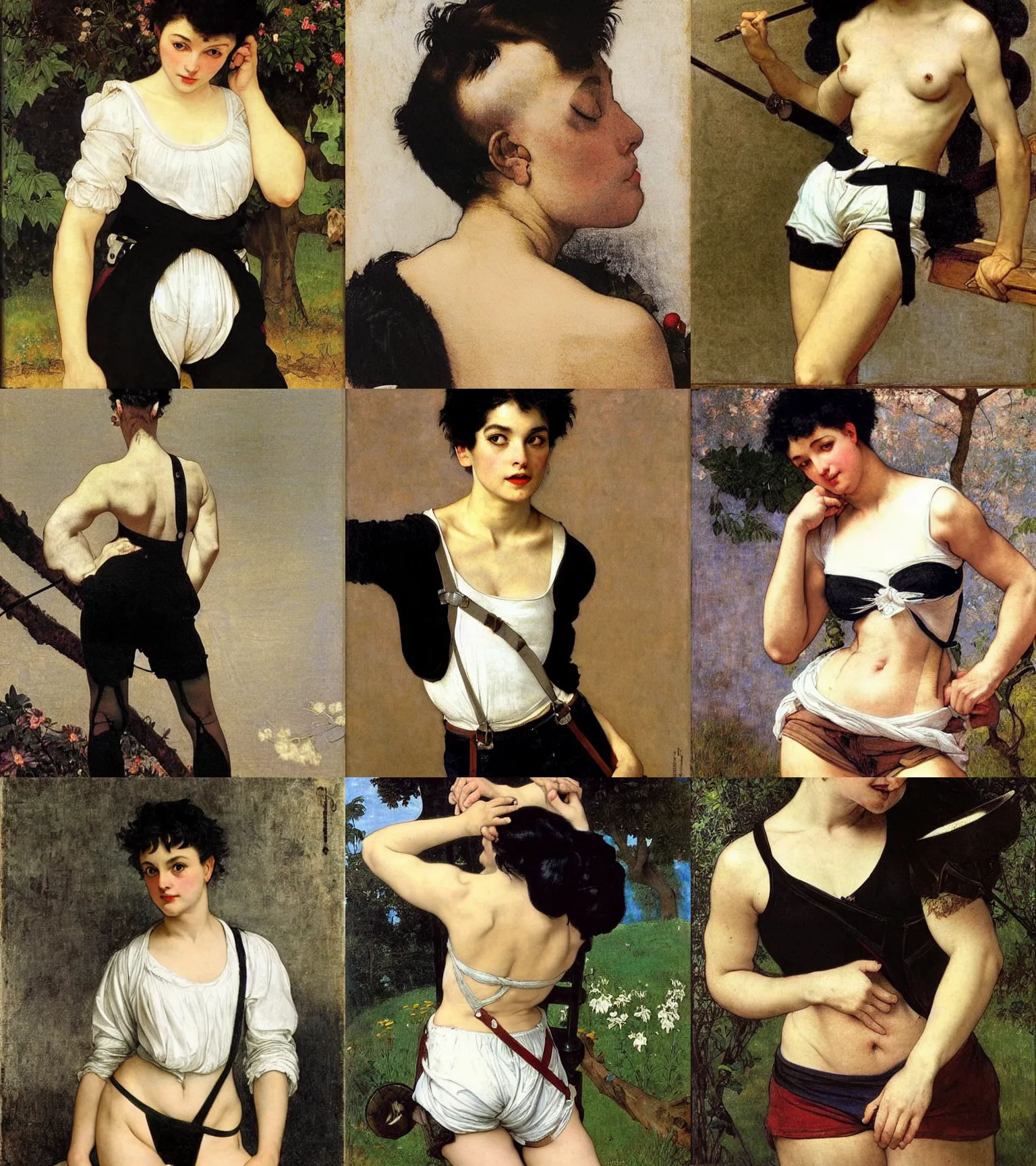 Prompt: a woman with black hair pixie cut in shorts with suspenders and white t-shirt drawn by caravaggio, Alexandre Cabanel, norman rockwell, peter paul rubens, maler collier, frank frazetta, alphonse mucha, gustav klimt, french noveau