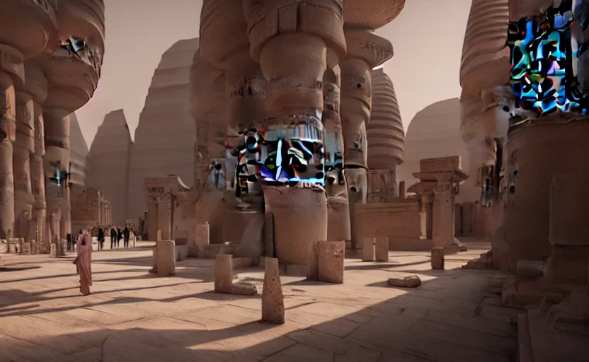 Image similar to inside an ancient egyptian inspired futuristic kingdom city with people walking around, highly detailed, 8 k, hdr, award - winning, octane render, artstation