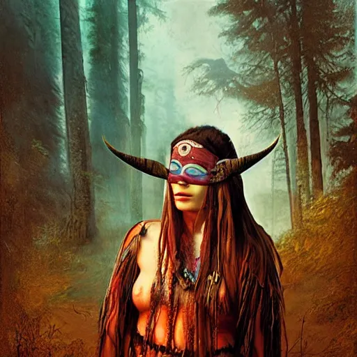 Image similar to matte painting of A young blindfolded shaman woman with a decorated headband from which blood flows, in the style of heilung, blue hair and wood on her head. The background is a forest on fire, made by karol bak and james gurney