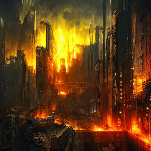 Prompt: dystopian cityscape on fire at night by john blanche, high detail, very intricate, 4 k, 8 k, artstation, video game concept art