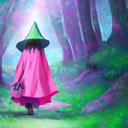 Image similar to a pink mage wearing a small satchel and a pink witch's hat walking through a lush psychedelic forest, concept art, anime