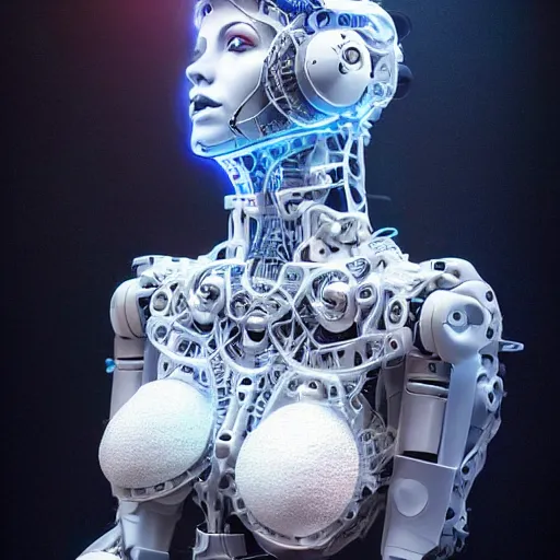 Image similar to beautiful Fine art photo portrait of enraptured Morgan Lee as a solarpunk robotic goddess, white mechanical parts with led lights, photorealistic, white background, highly detailed and intricate, sunset lighting, HDR 8k