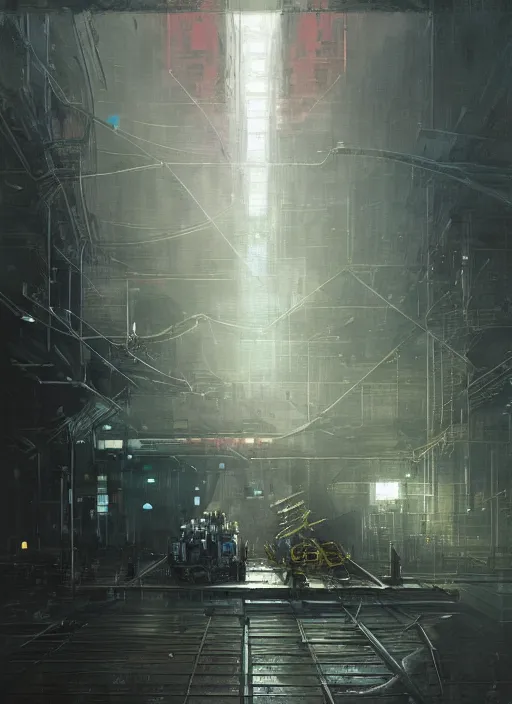 Image similar to factorio, neon, rule of thirds, intricate, spotlight, by greg rutkowski, by jeremy mann, digital painting