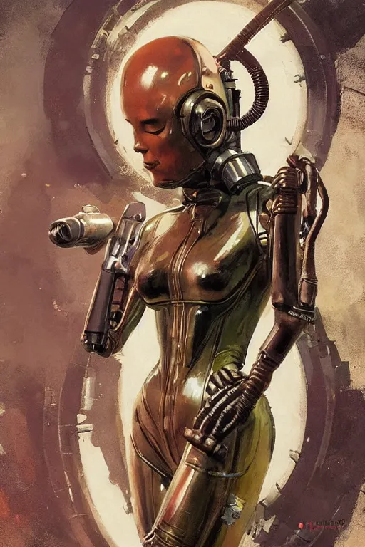 Image similar to pulp scifi fantasy illustration full body portrait of elegant woman wearing latex spacesuit shooting retro ray gun at alien, by norman rockwell, jack kirby, bergey, craig mullins, ruan jia, jeremy mann, tom lovell, 5 0 s, astounding stories, fantasy