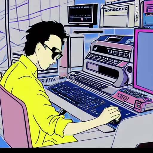 Prompt: man working at his computer in the 8 0 s, vaporwave nostalgia, 8 0 s anime, studio ghibli, sketched by osamu tezuka