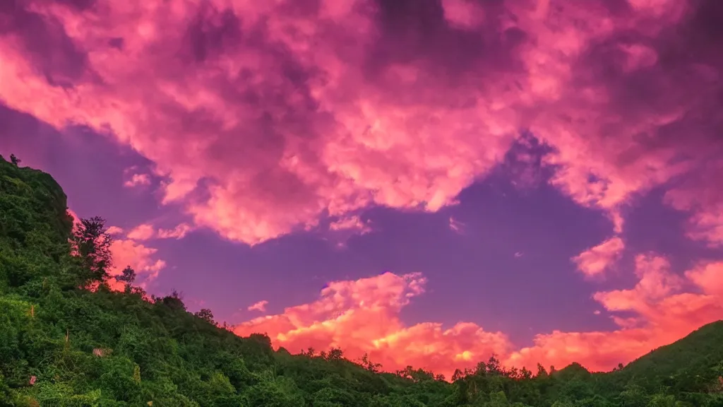 Image similar to Beautiful green lush mountains under the anime pink clouds backlit by the sun