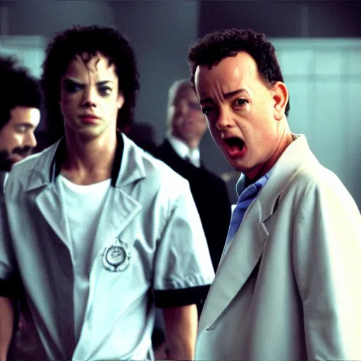 Prompt: michael jackson as tylor durden and tom hanks as narrator in the movie fight club, photo, still frame, cinematic.